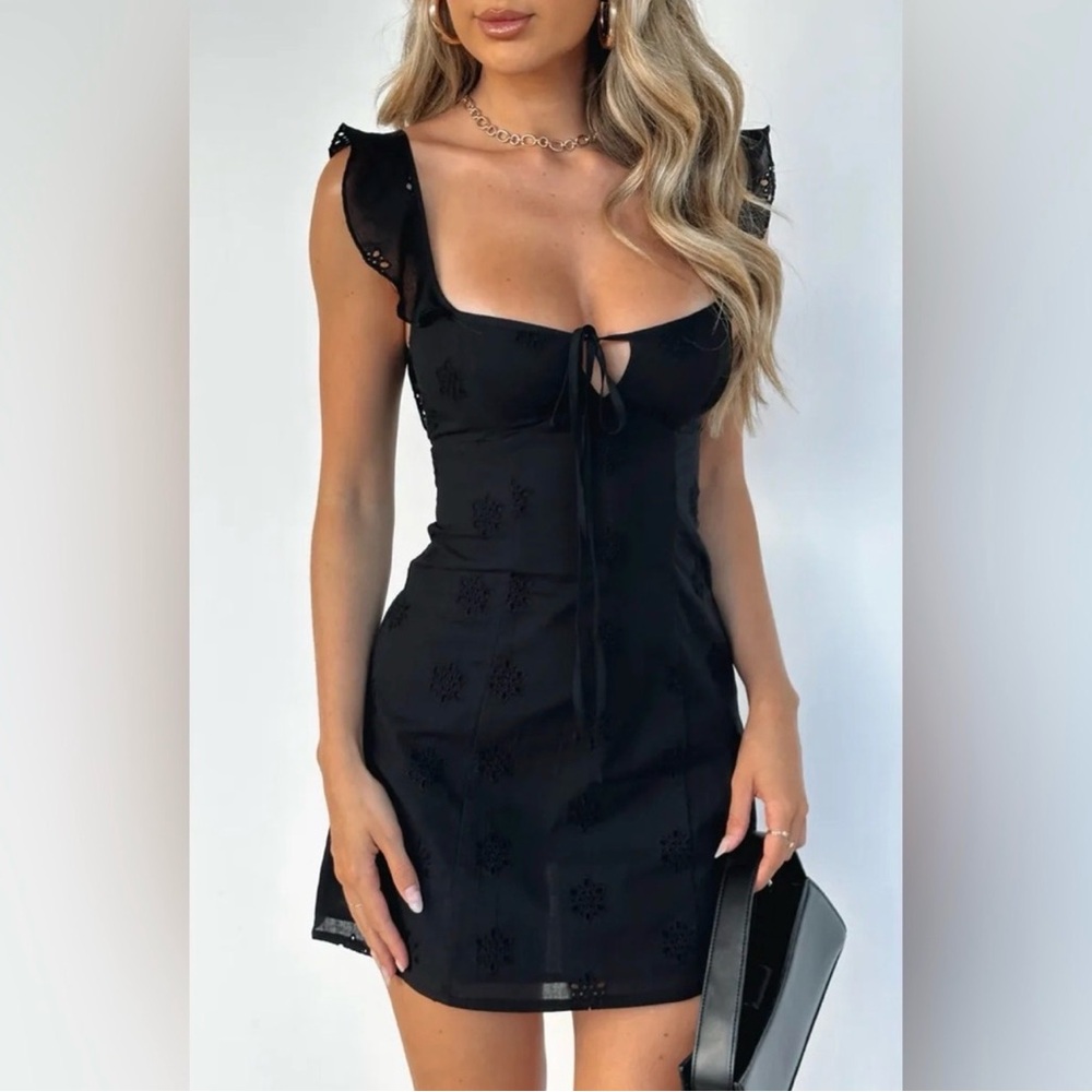 White fox black Black Ruffled Shoulder Tie-Front Mini Dress